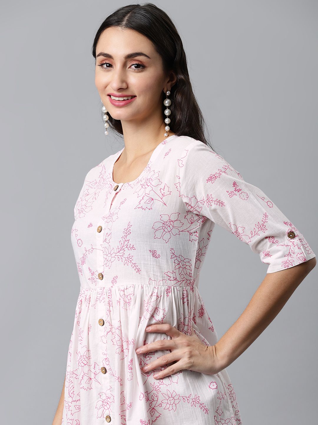 MALHAAR White & Pink Floral Printed Fit & Flared Maxi Pure Cotton Dress Price in India