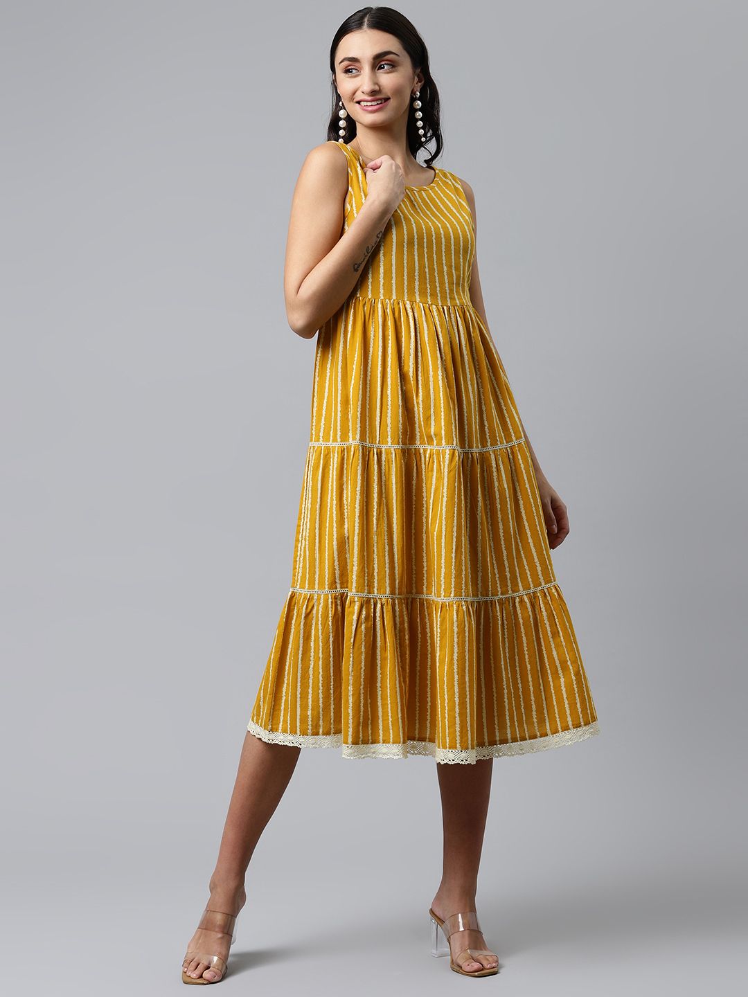 MALHAAR Mustard Yellow & White Striped Pure Cotton Tiered Dress Price in India