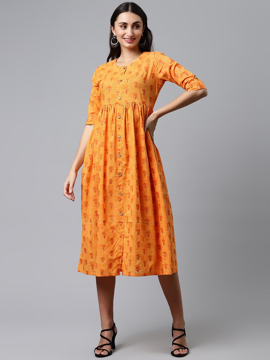 MALHAAR Sea Orange Floral Printed Fit & Flared Maxi Pure Cotton Dress Price in India