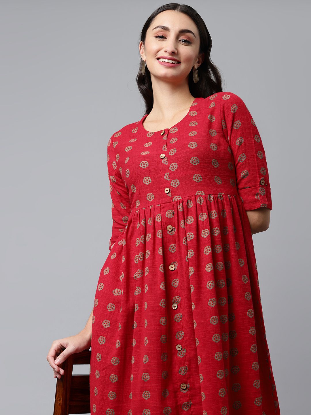 MALHAAR  Red & Taupe Ethnic Motif Printed Fit & Flared Maxi Pure Cotton Dress Price in India