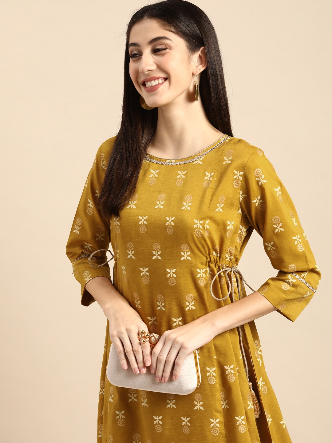 all about you Mustard Yellow Ethnic Motifs Ethnic A-Line Midi Dress Price in India