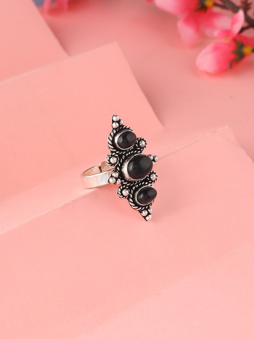 kashwini Silver-Plated Black Onyx-Studded Adjustable Ring Price in India