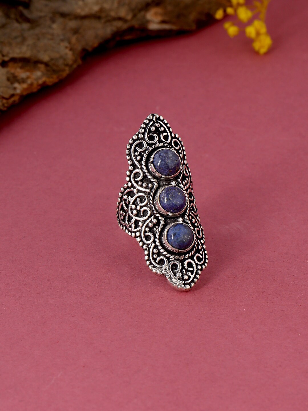 kashwini Silver-Plated Blue Stone-Studded Finger Ring Price in India
