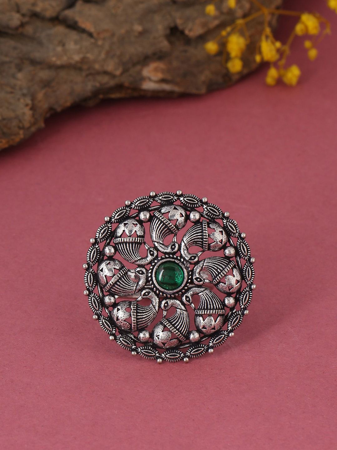 kashwini Silver-Plated & Green Stone-Studded Finger Ring Price in India