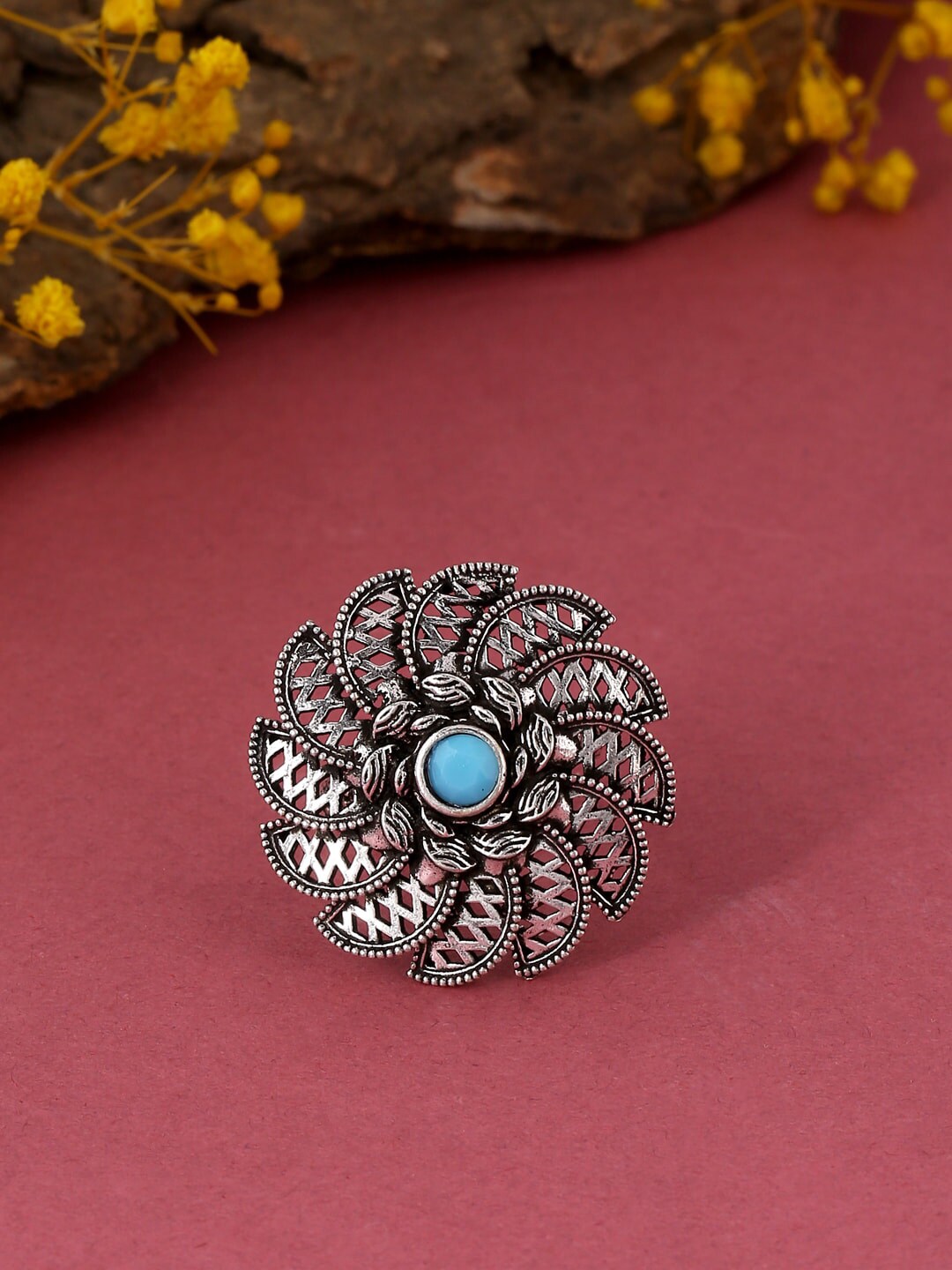 kashwini Blue Silver-Plated Brass Stone-Studded Round Adjustable Finger Ring Price in India