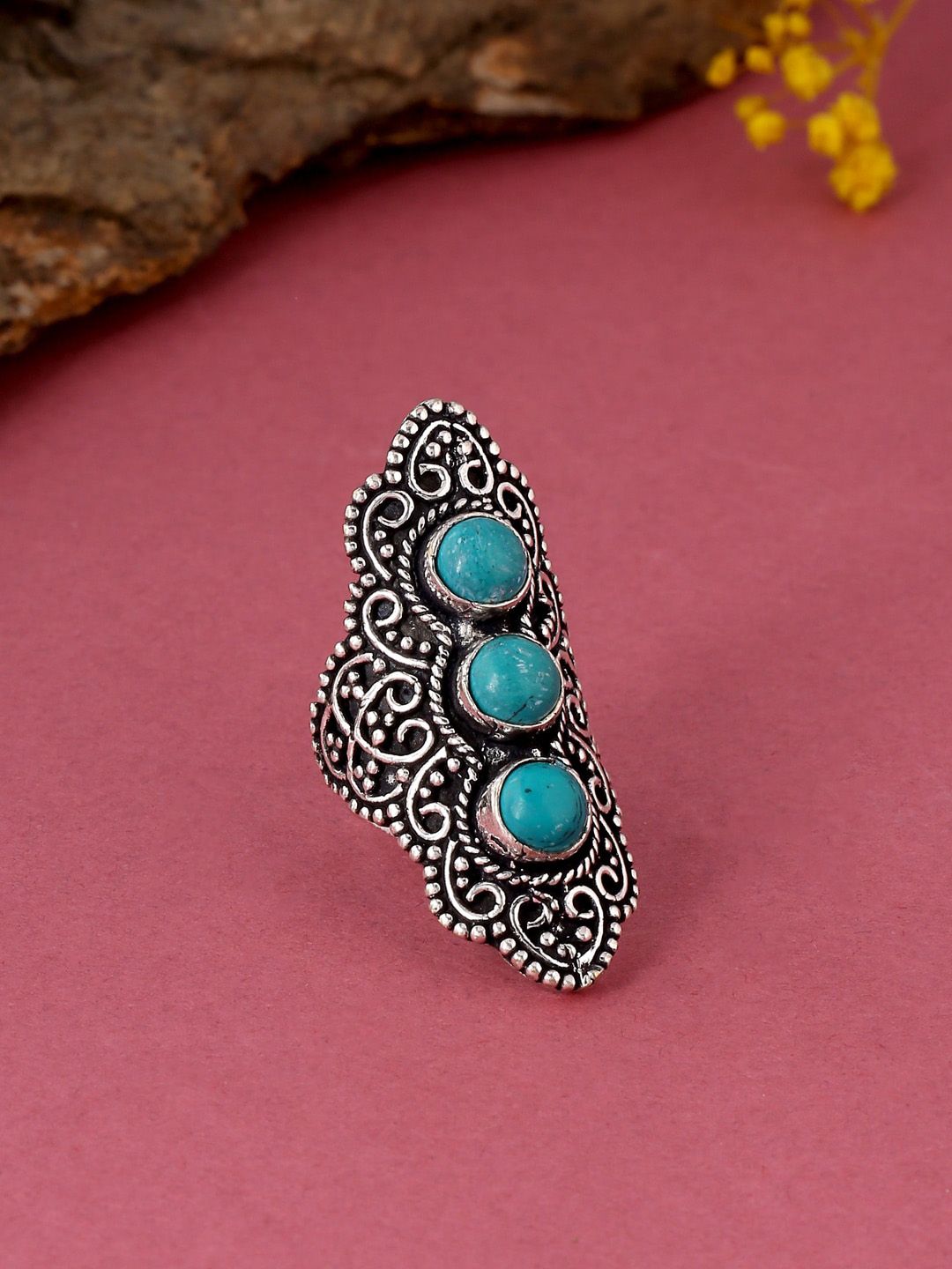 kashwini Silver-Plated Turquoise Blue Turquoise-Studded Finger Ring Price in India