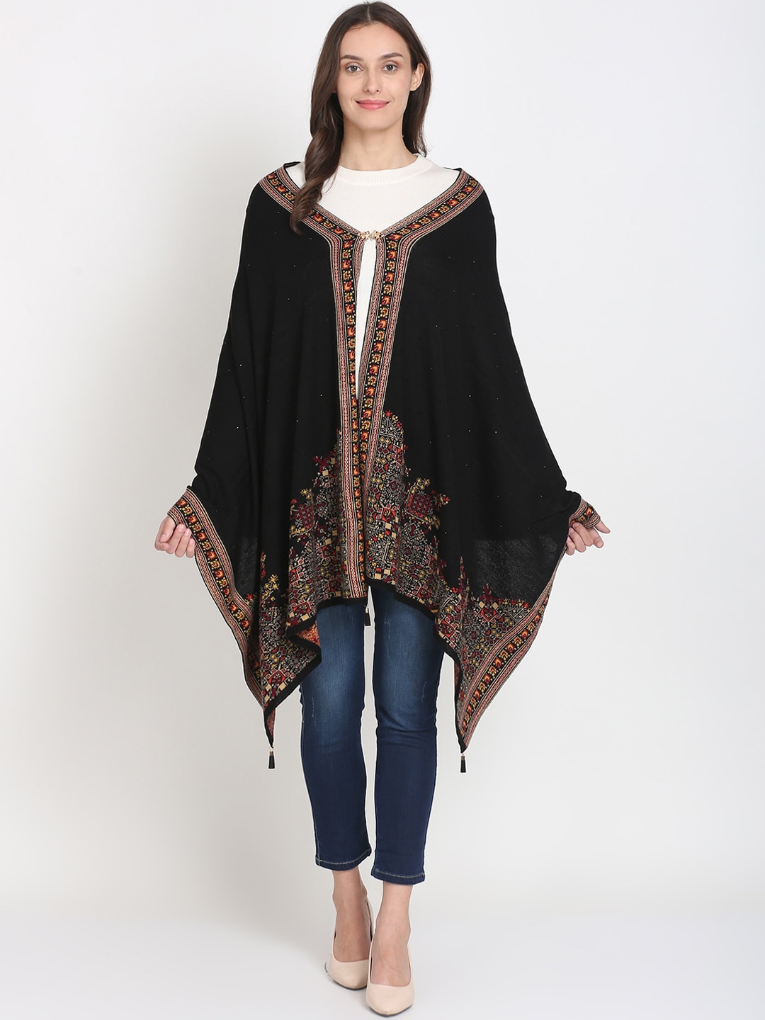 Knitstudio Women Black Tribal Knitted Design Shawl Price in India