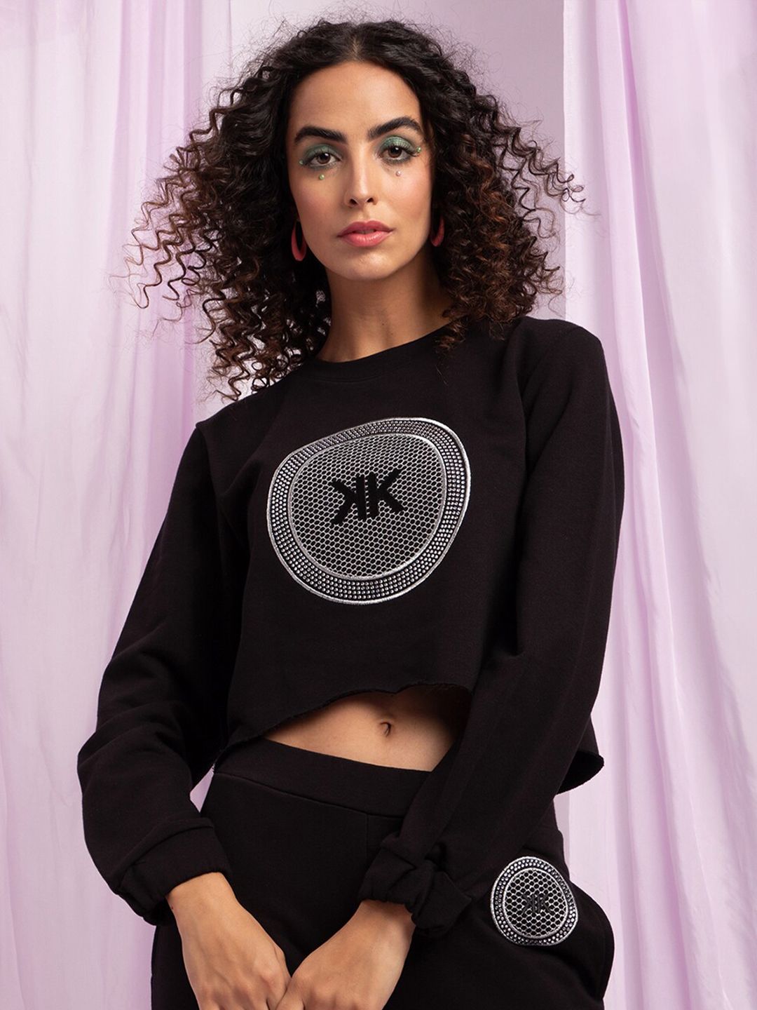 KENDALL & KYLIE Women Black Embroidered Cotton Sweatshirt Price in India