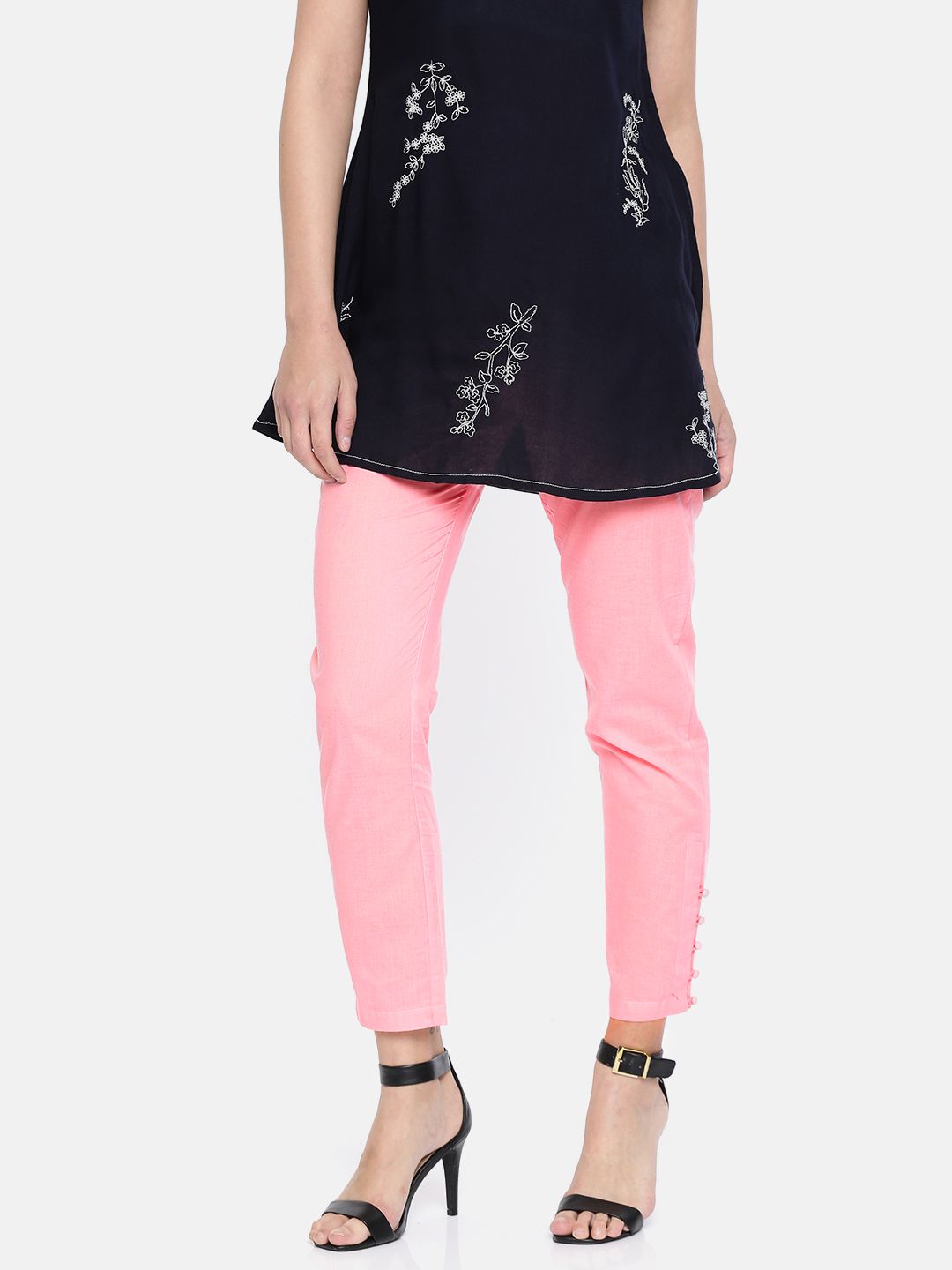 SASSAFRAS Women Pink Solid Semi-Sheer Cigarette Trousers Price in India