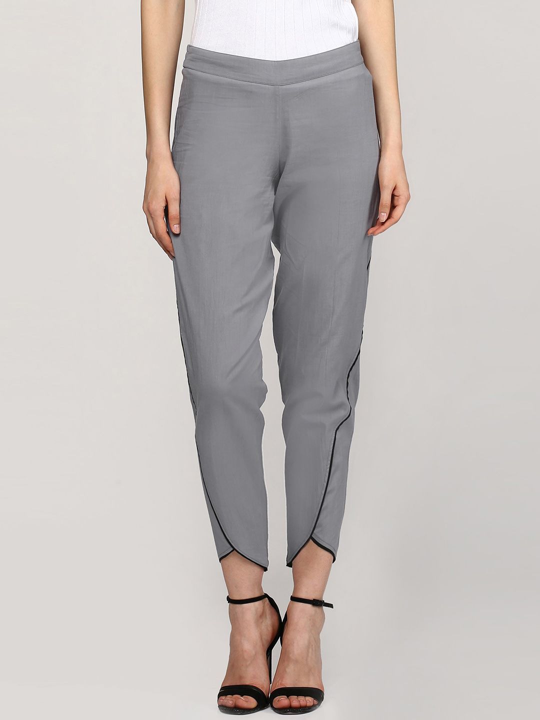 SASSAFRAS Women Grey Solid Semi-Sheer Trousers Price in India