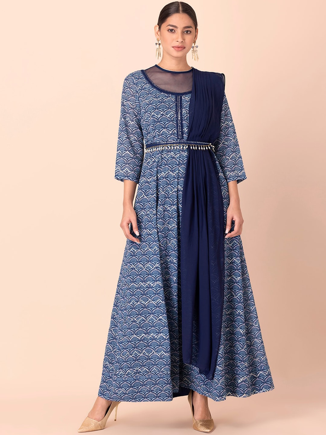 INDYA Women Navy Blue & White Printed Georgette Maxi Kurta with Attached Dupatta Price in India