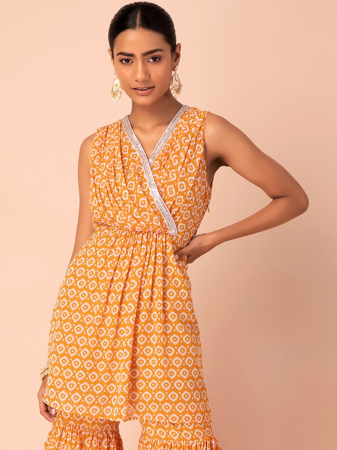 INDYA Women Yellow Geometric Printed Georgette Anarkali Kurta Price in India