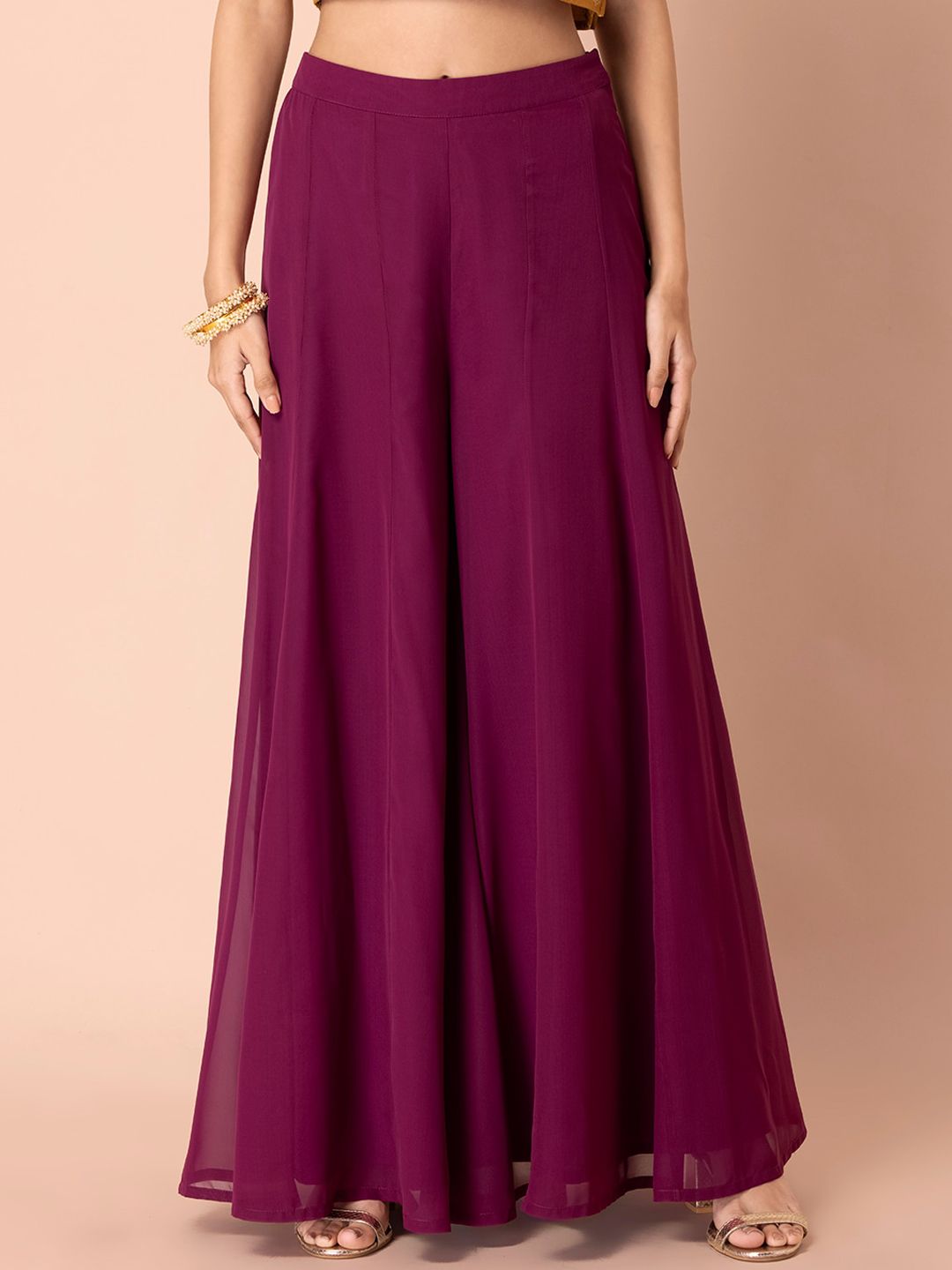 INDYA Women Purple Flared Pleated Palazzo Pants Price in India