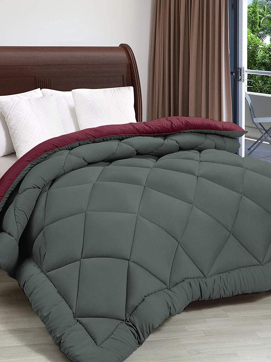 Pum Maroon & Grey Microfiber AC Room Double Bed Comforter Price in India