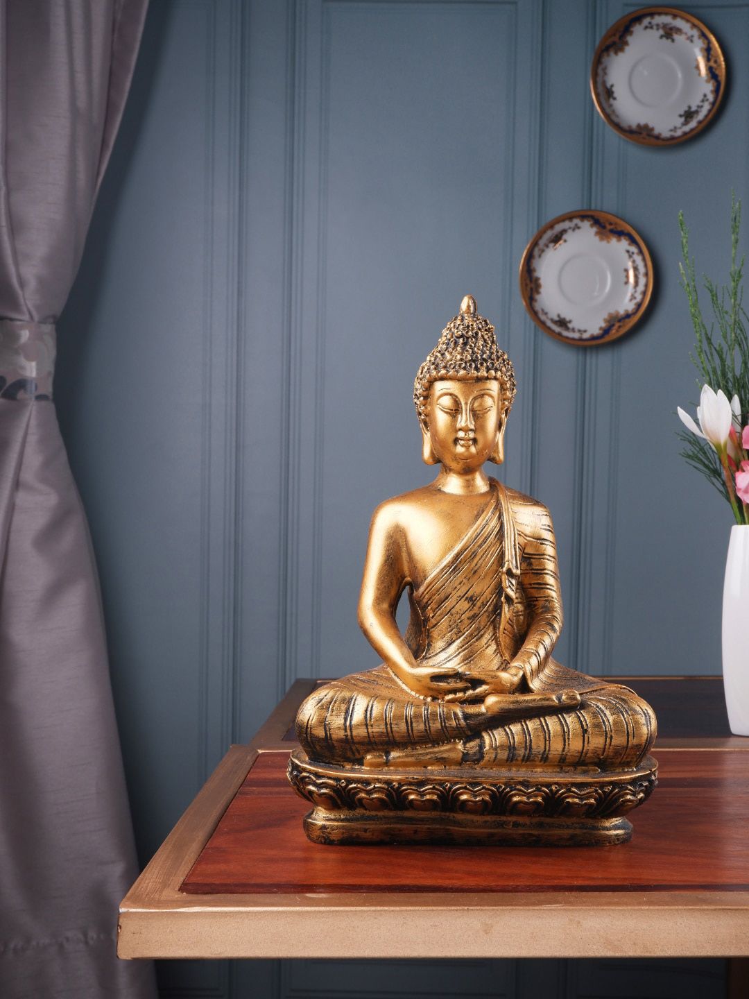 THE WHITE INK DECOR Gold-Toned Solid Buddha in Dhyana Showpiece Price in India