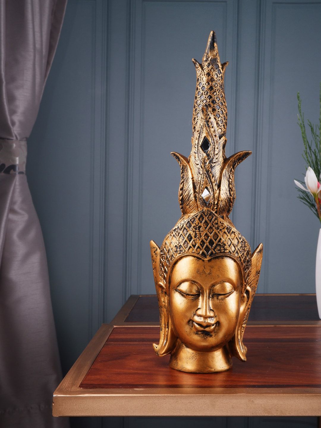 THE WHITE INK DECOR Gold-Toned Crowned Buddha Head Figurine Showpiece Price in India