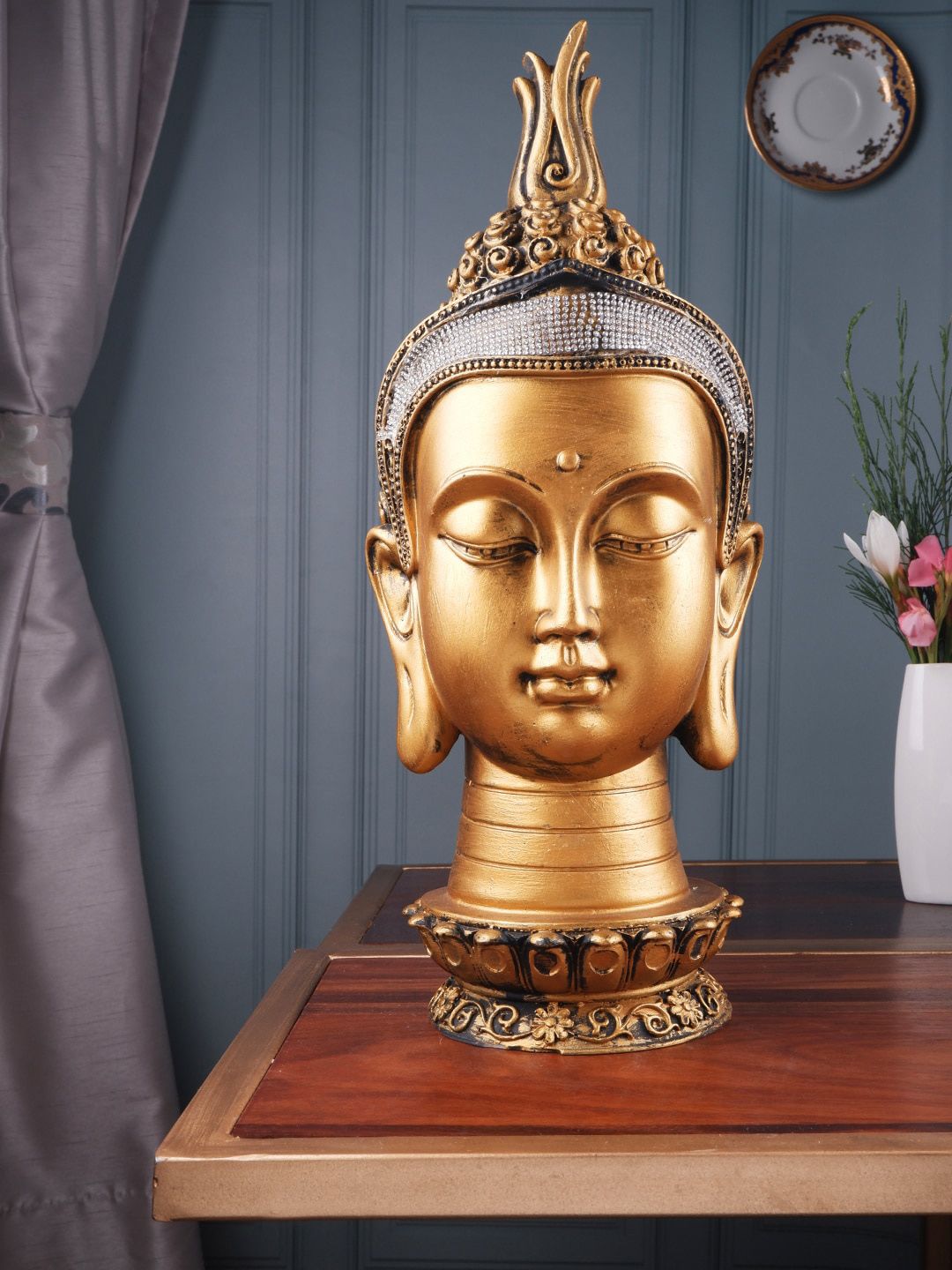 THE WHITE INK DECOR  Gold-Toned Crowned Buddha Head Figurine Showpiece Price in India