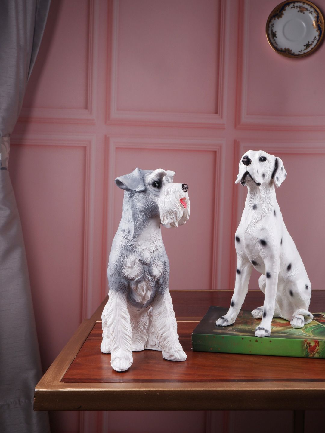 THE WHITE INK DECOR Set Of 2 White & Grey Dog Schnauzer & Dalmatian Decorative Figurine Showpieces Price in India