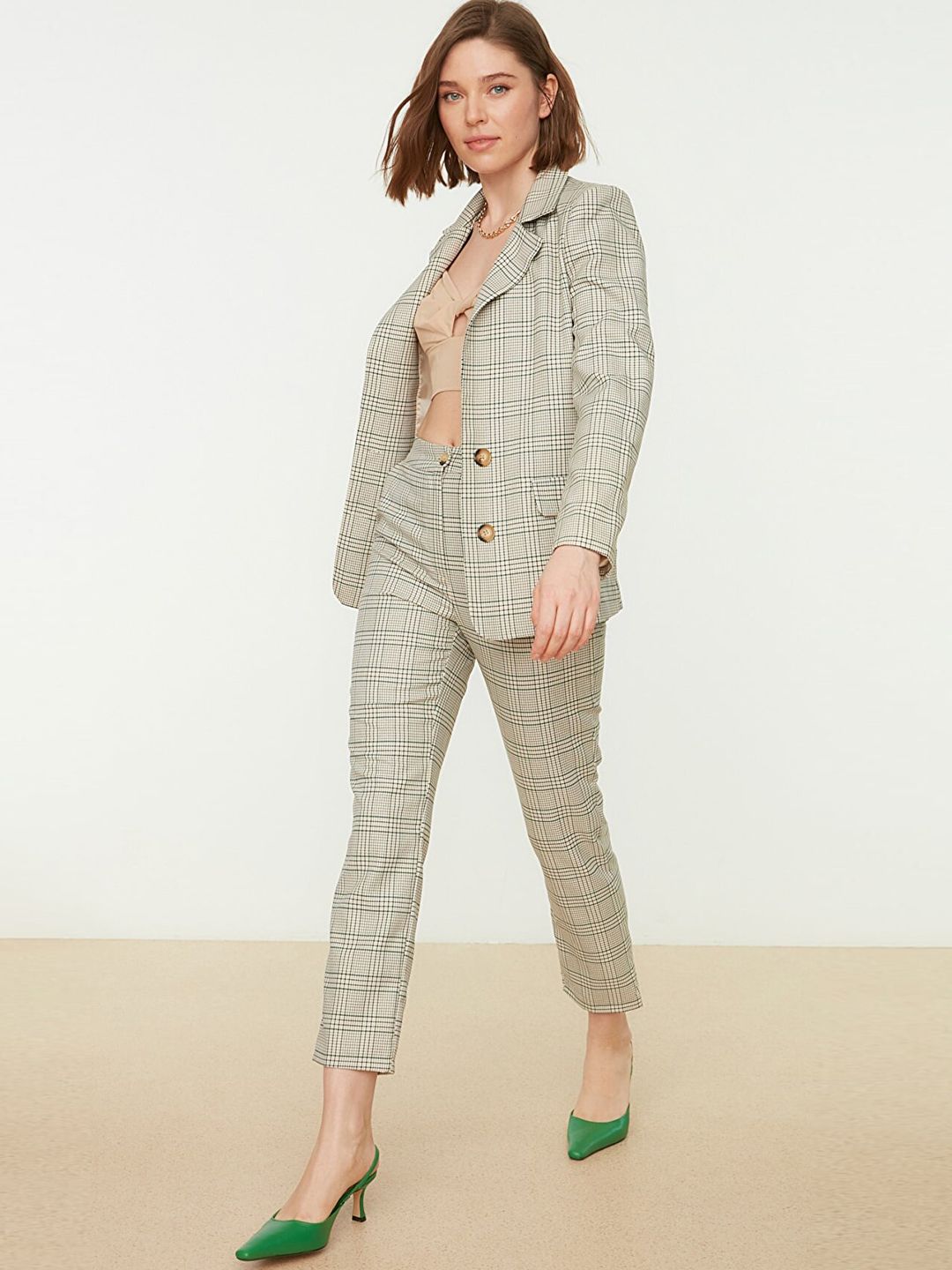 Trendyol Women Beige & Green Plaid Checked Cigarette Trousers Price in India