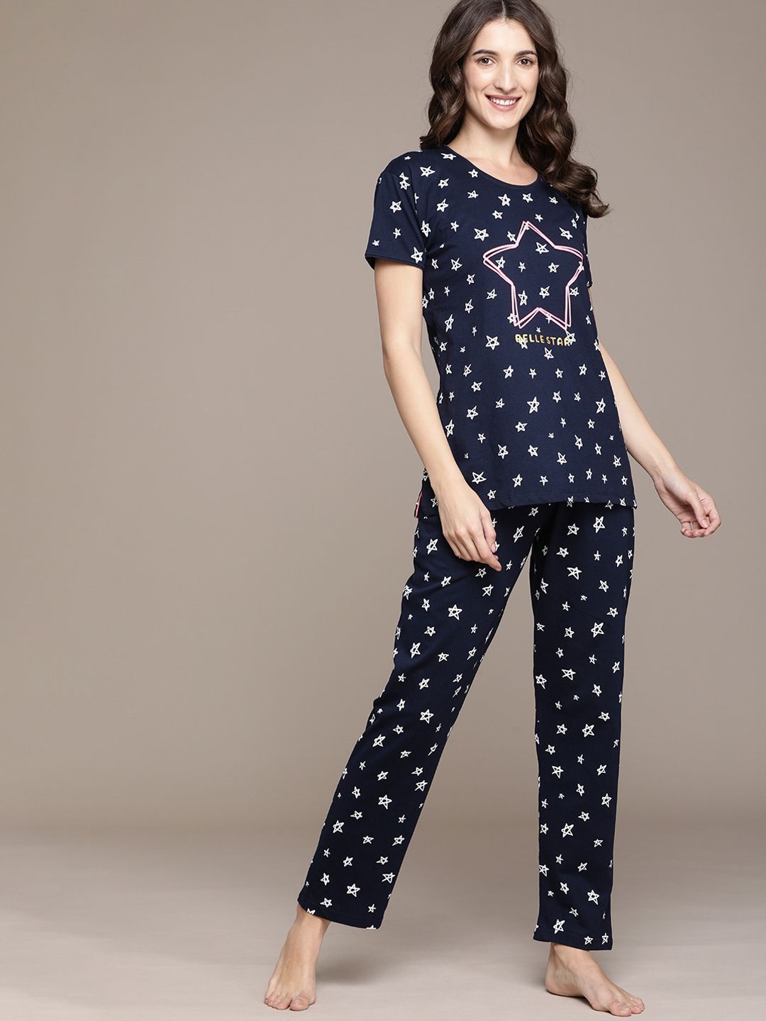 beebelle Women Navy Blue & White Printed Pure Cotton Night suit Price in India