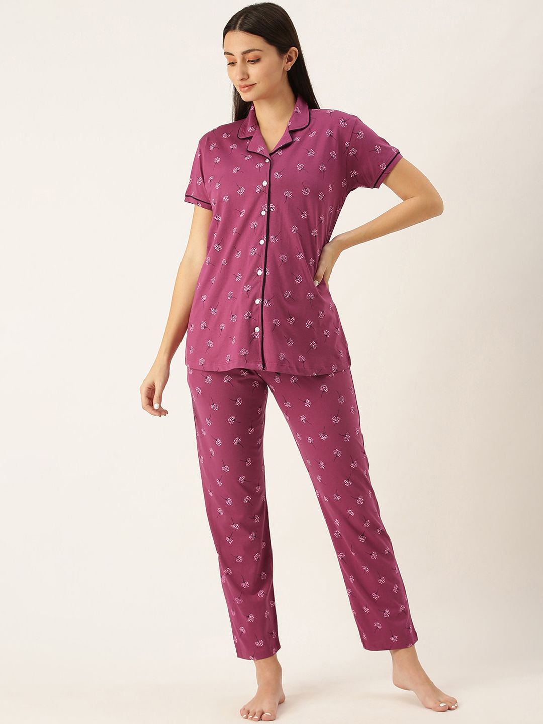 beebelle Women Burgundy & Black Printed Cotton Night suit Price in India