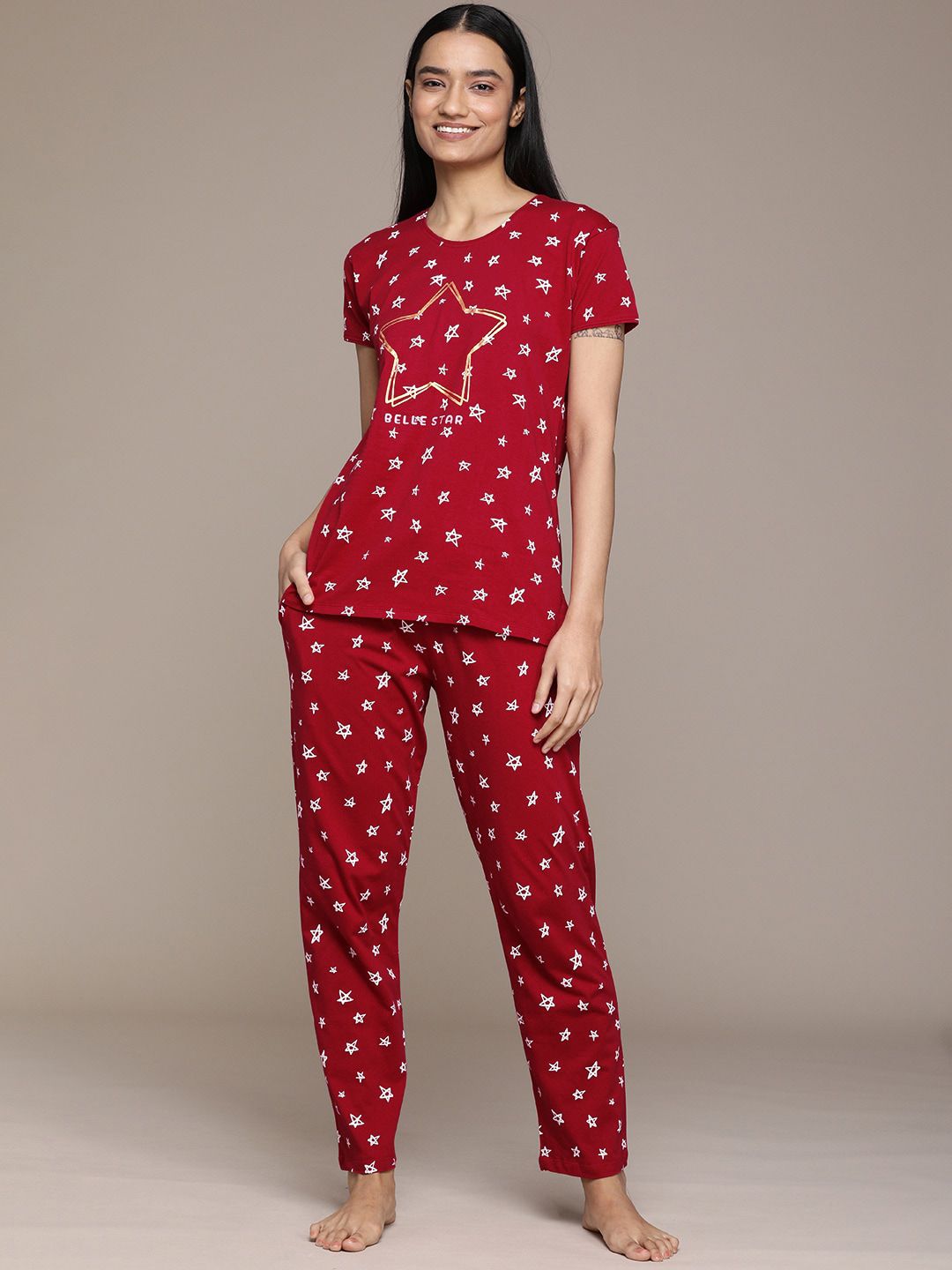 beebelle Women Maroon & White Printed Pure Cotton Night suit Price in India