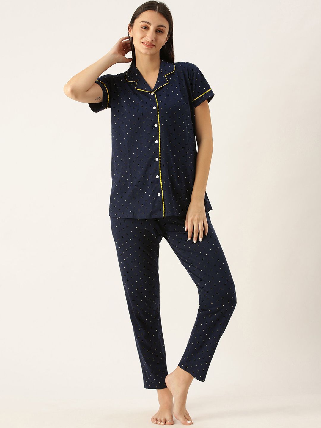 beebelle Women Navy Blue & Yellow Printed Night suit Price in India