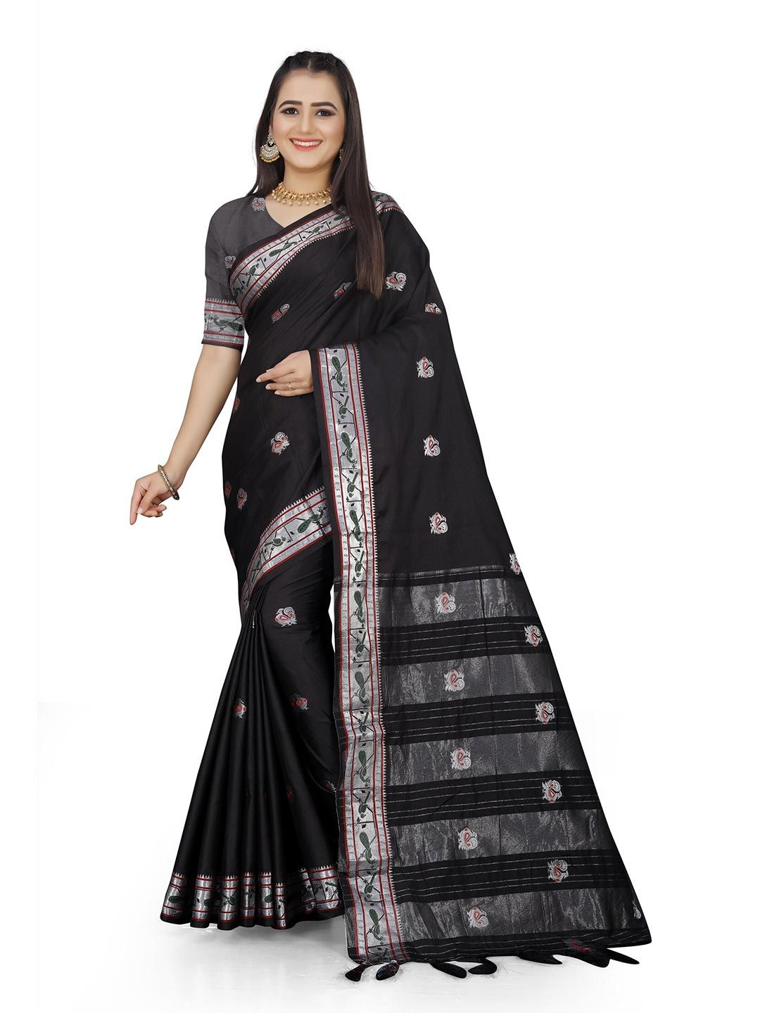Grubstaker Women Black & Red Woven Design Zari Pure Cotton Kanjeevaram Saree
