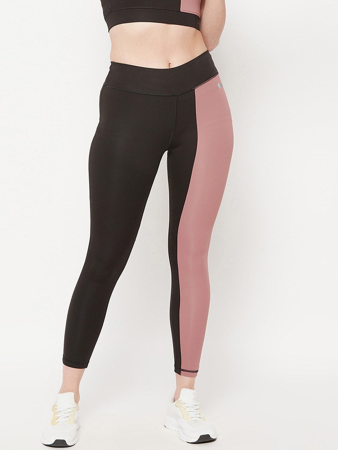 Clovia Coffee Brown & Pink Snug Fit Active High-Rise Ankle-Length Colourblock Tights Price in India