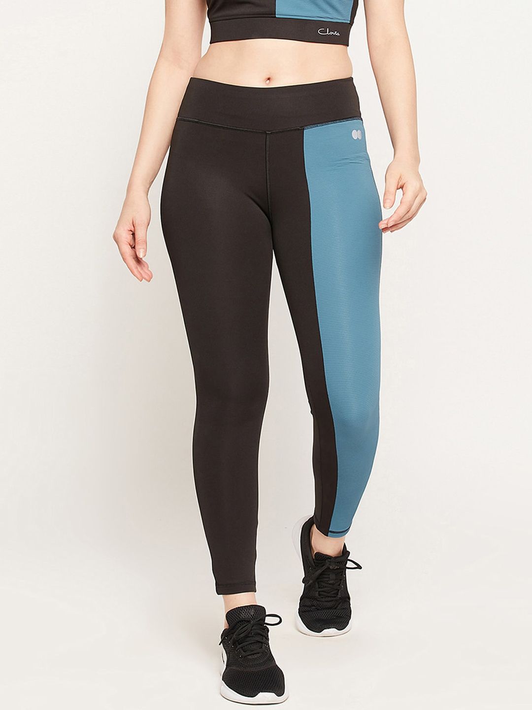 Clovia Women Black & Teal-Blue Color-Blocked Snug-Fit Ankle-Length Tights Price in India