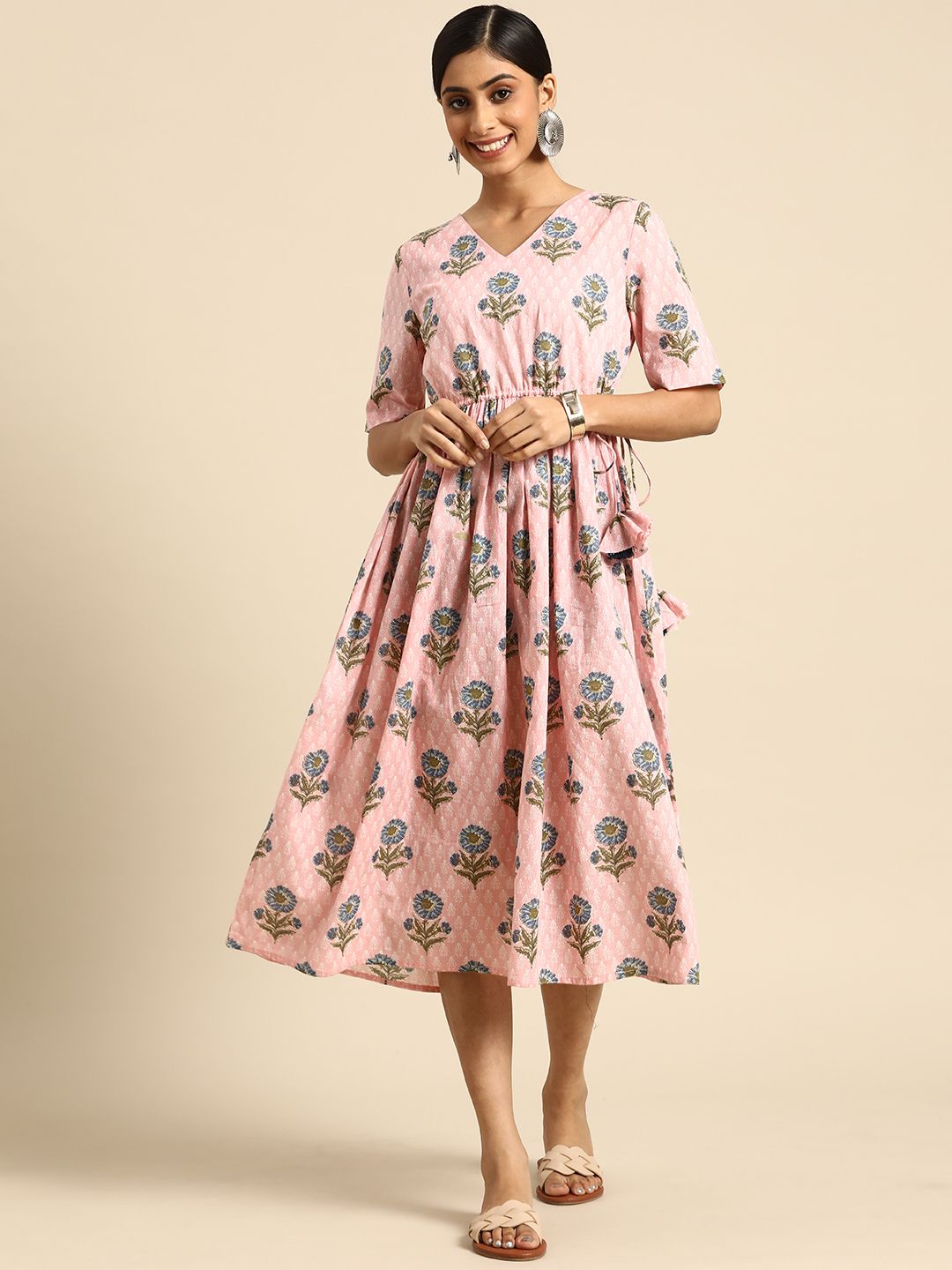 Sangria Pink & Blue Floral Pure Cotton Midi Dress Price in India