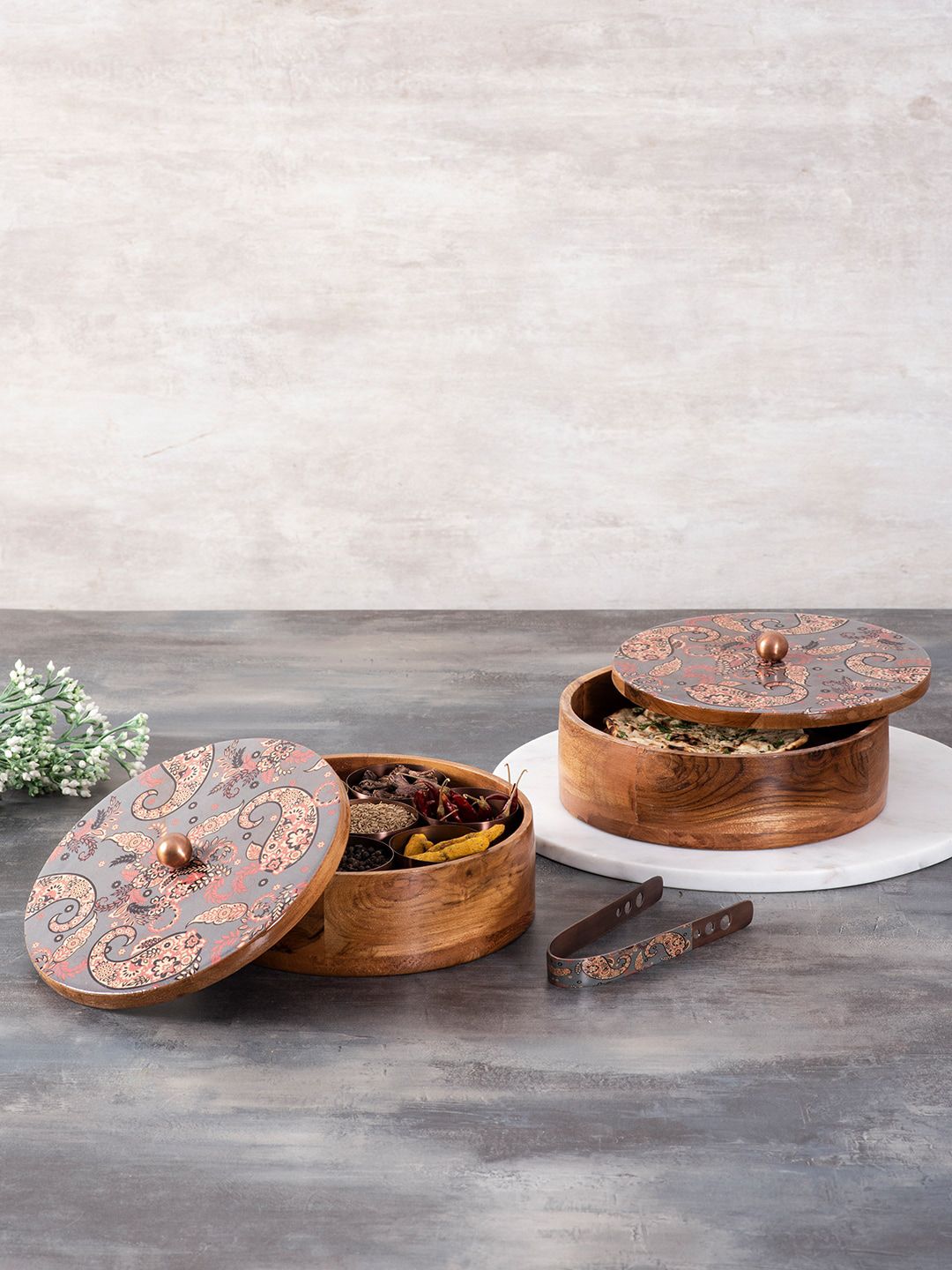 nestroots Set Of 2 Grey Wooden Spice Masala Box & Casserole Chapati Box Price in India