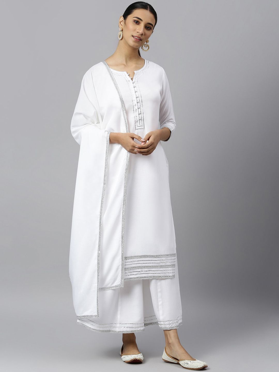 Khushal K Women White Yoke Design Kurta with Trousers & With Dupatta Price in India