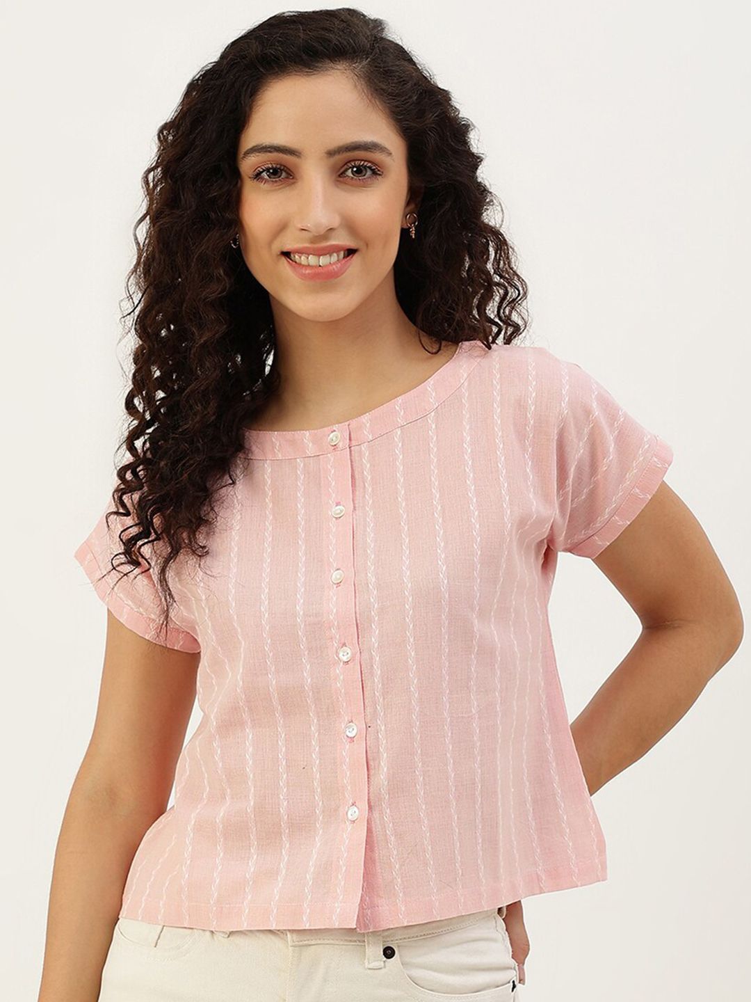 Lokatita Pink Striped Pure Cotton Crop Top Price in India