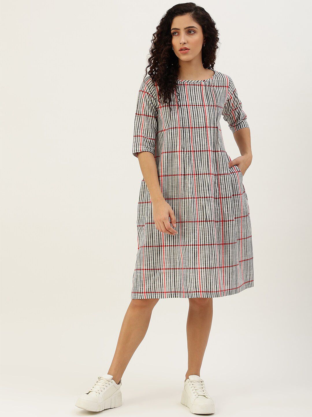 Lokatita Grey & Red Checked A-Line Dress Price in India