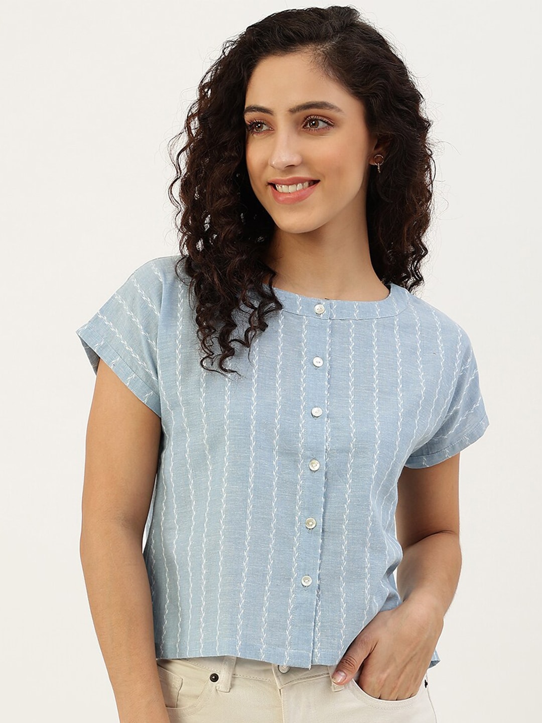 Lokatita Blue & White Striped Extended Sleeves Crop Top Price in India
