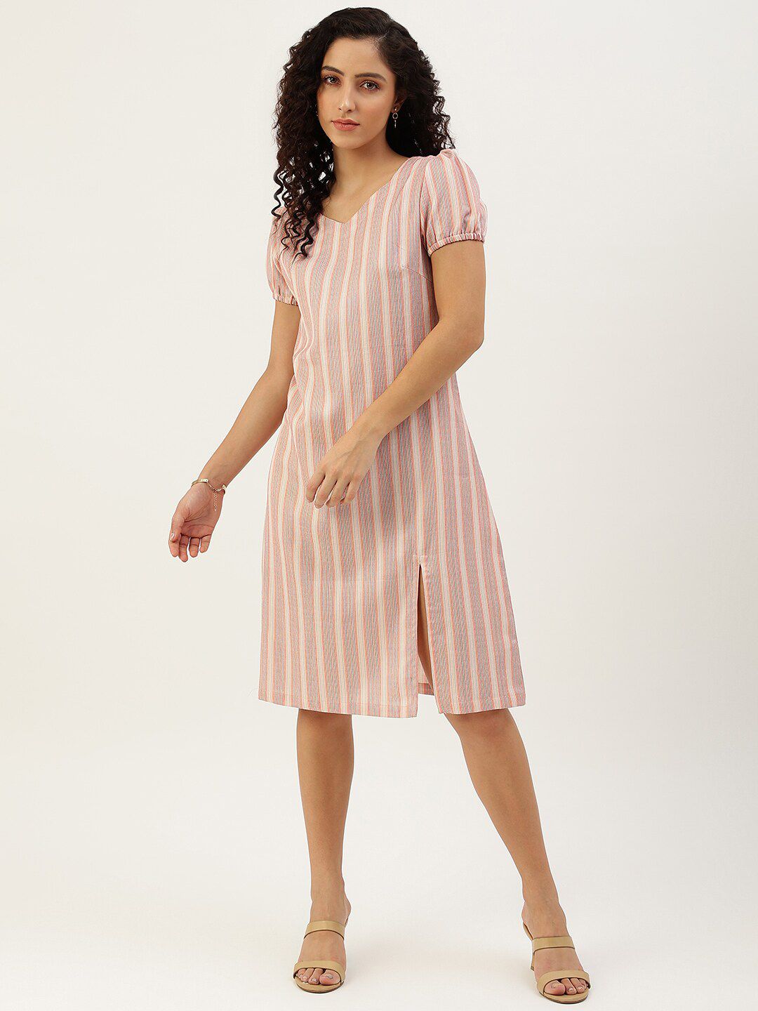 Lokatita Pink Striped Puff Sleeves Cotton A-Line Dress Price in India