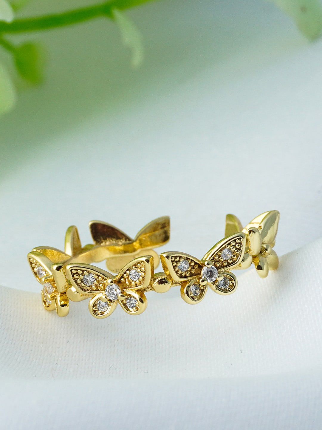 Ferosh Women Gold-Toned White Stone Studded & Beaded Adjustable Butterfly Finger Ring Price in India