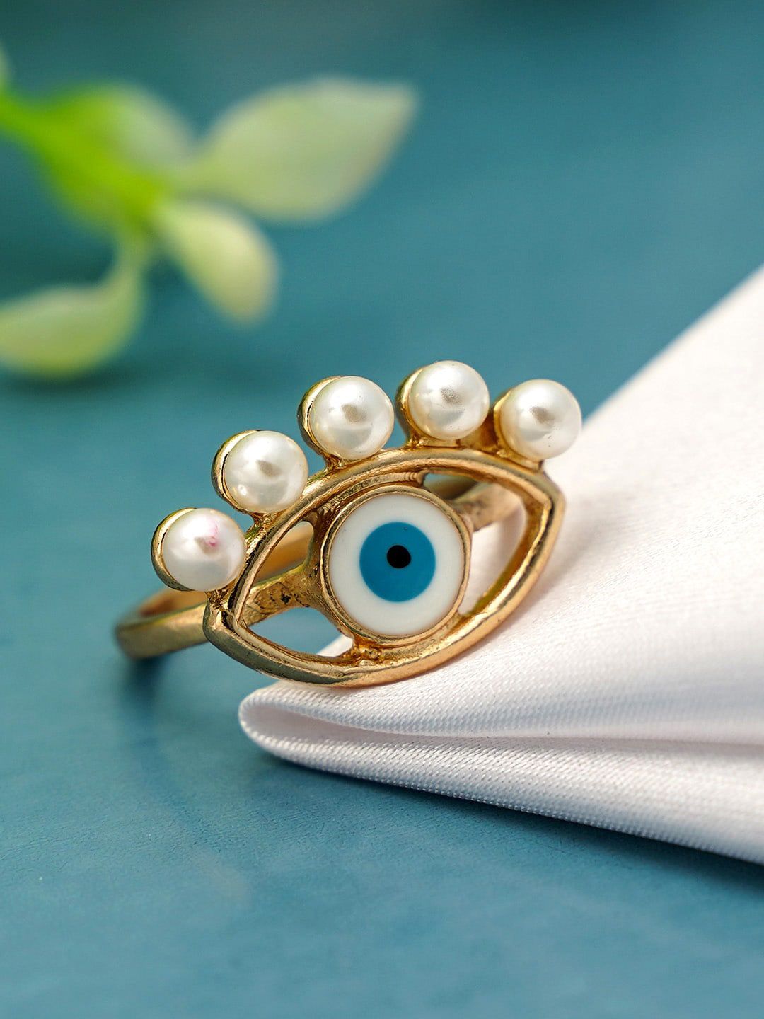 Ferosh Gold-Toned & Blue Pearl Evil Eye Ring Price in India