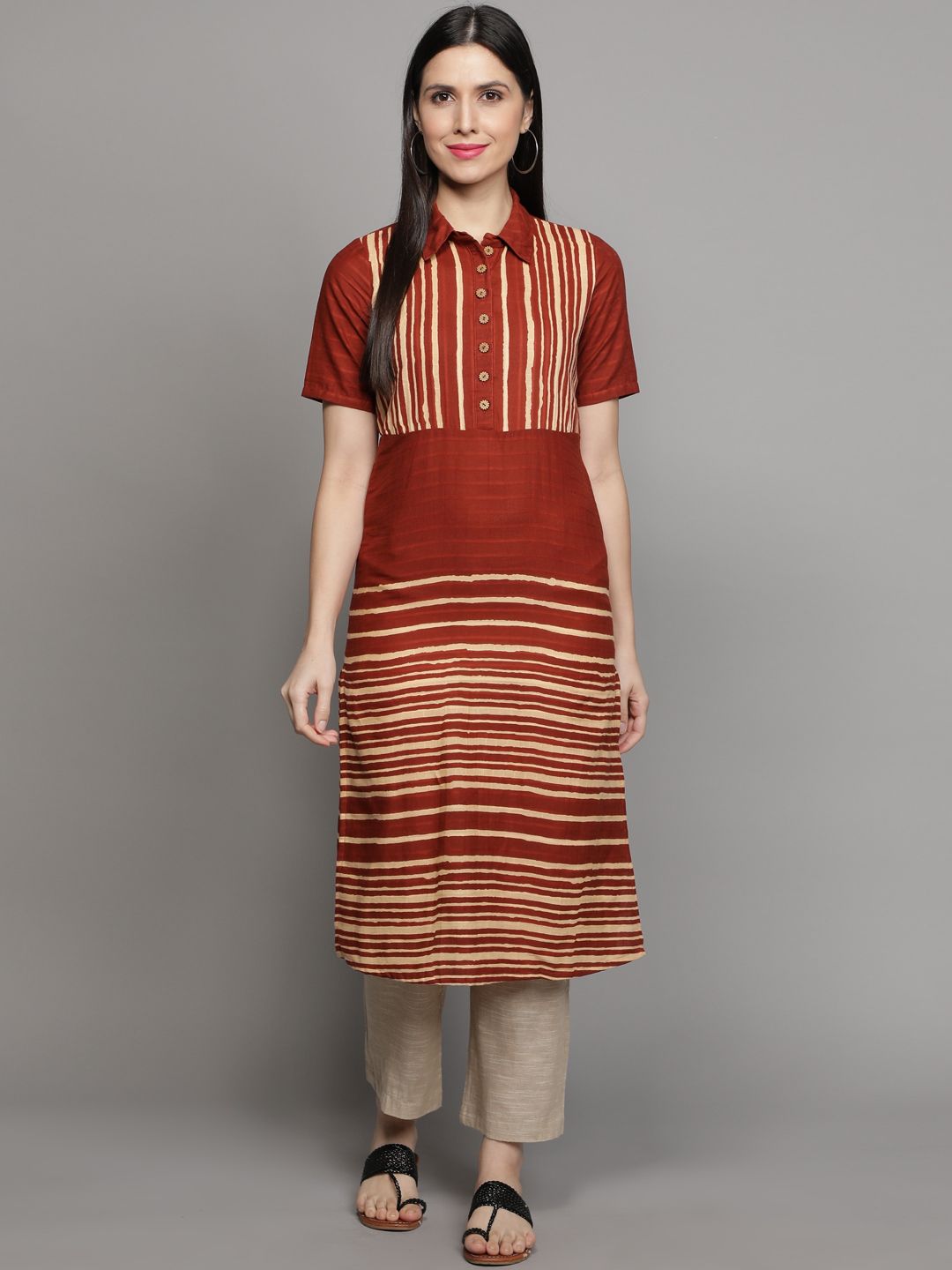 Cot'N Soft Women Brown Striped Shirt Collar Straight Kurta Price in India