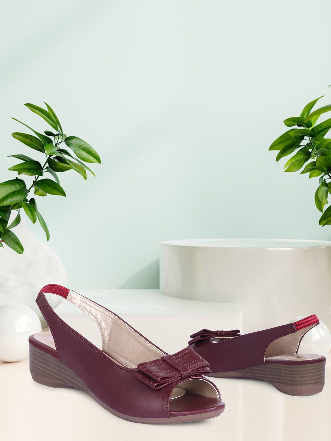 Bella Toes Burgundy Wedge Peep Toes with Bows Price in India