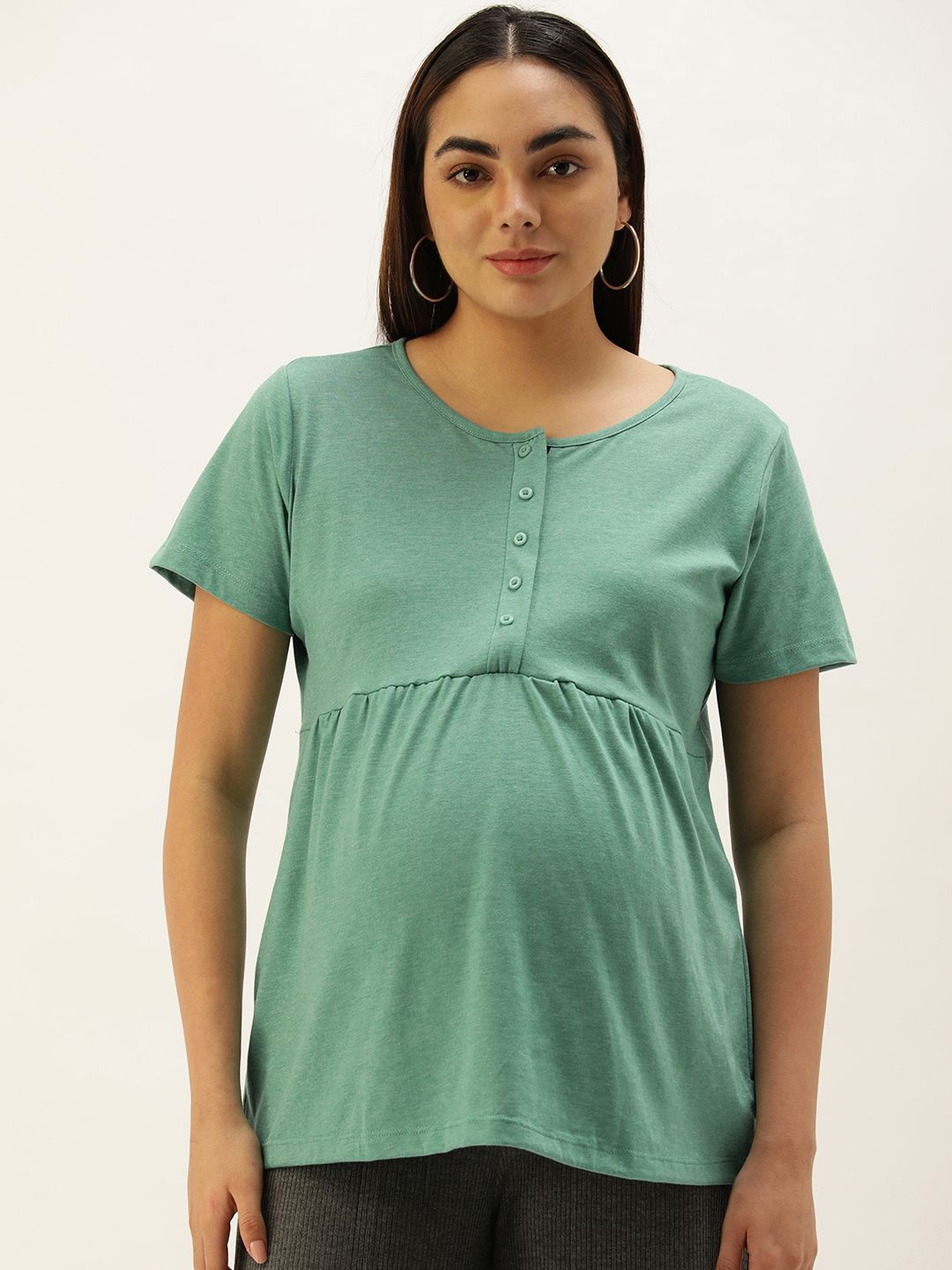 Nejo Sea Green Pure Cotton Solid Maternity Top