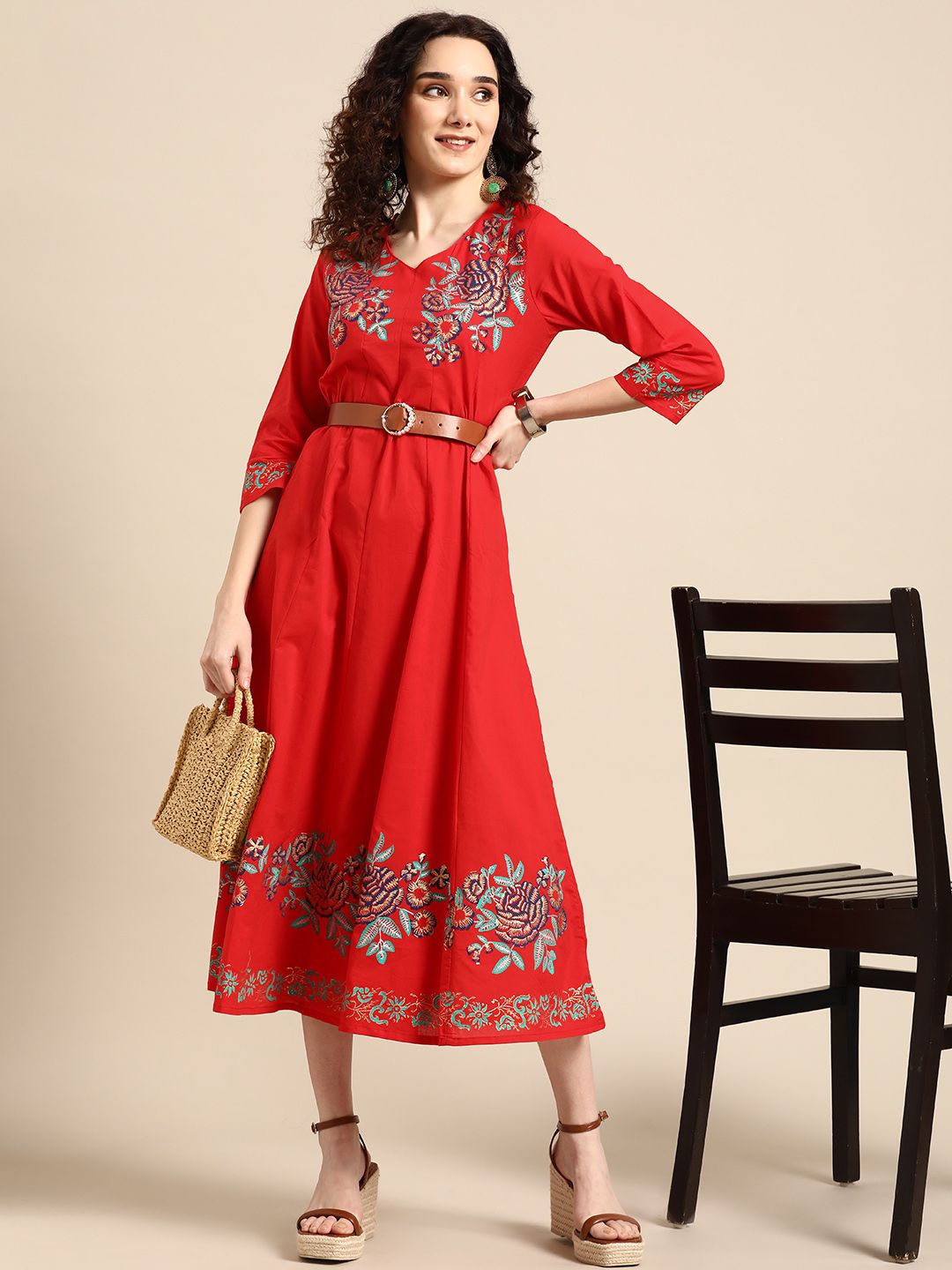 Sangria Red Floral Embroidered Ethnic Maxi Dress Price in India