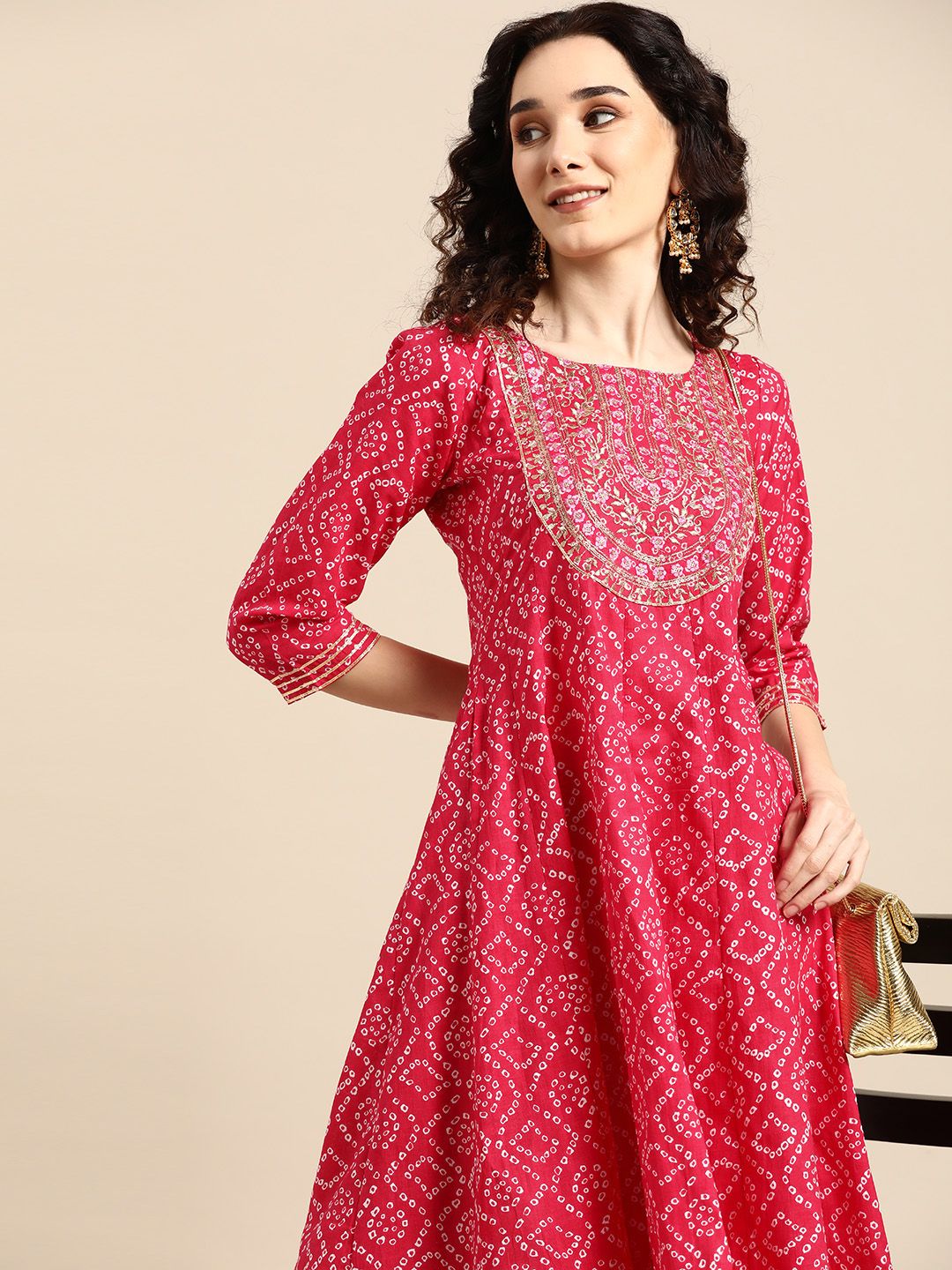 Sangria Pink Bandhani Printed Ethnic Maxi Dress Price in India