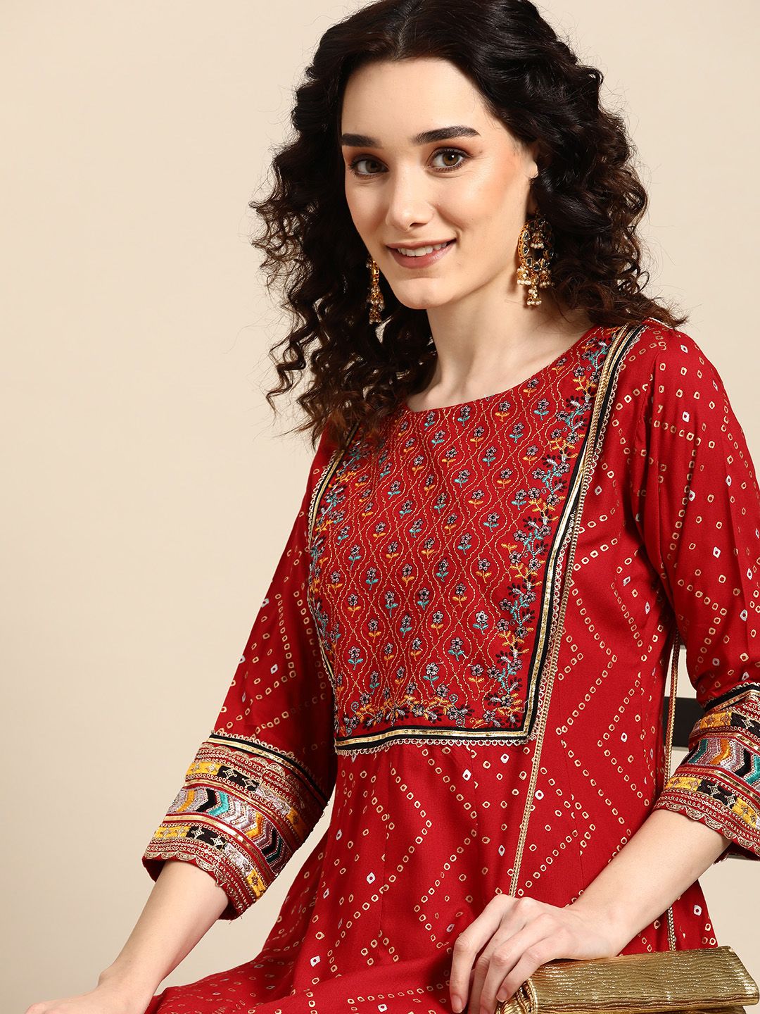 Sangria Red Bandhani Printed Ethnic Maxi Dress Price in India