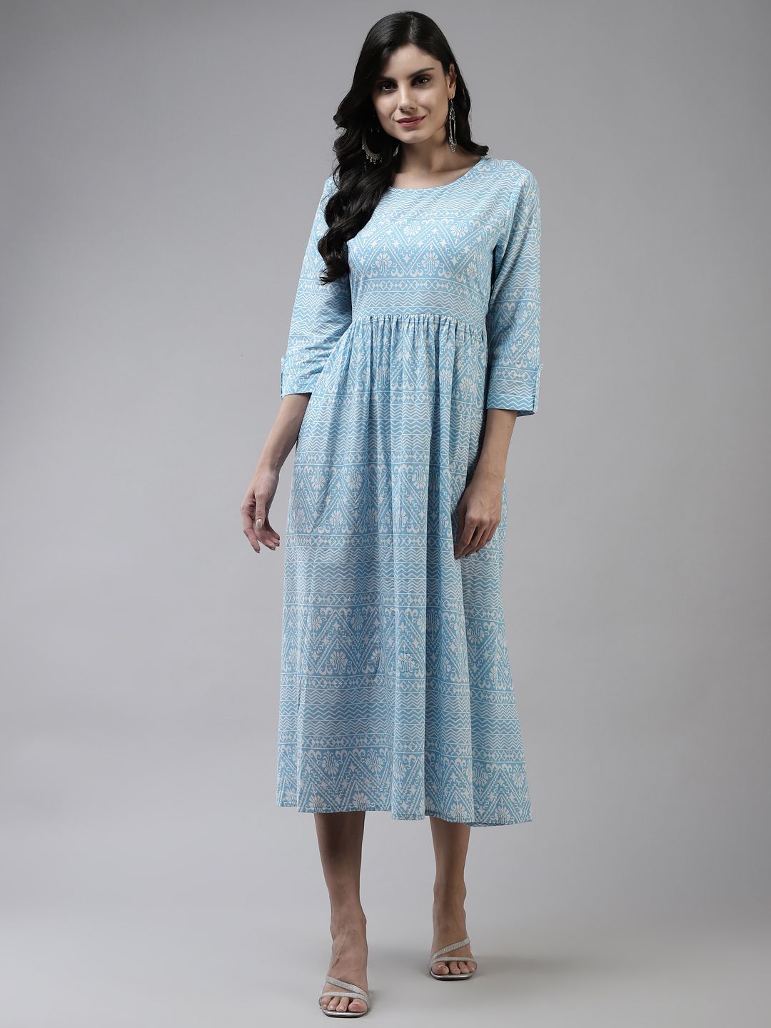 Yufta Blue & White Ethnic Motifs Cotton Ethnic Midi Dress Price in India
