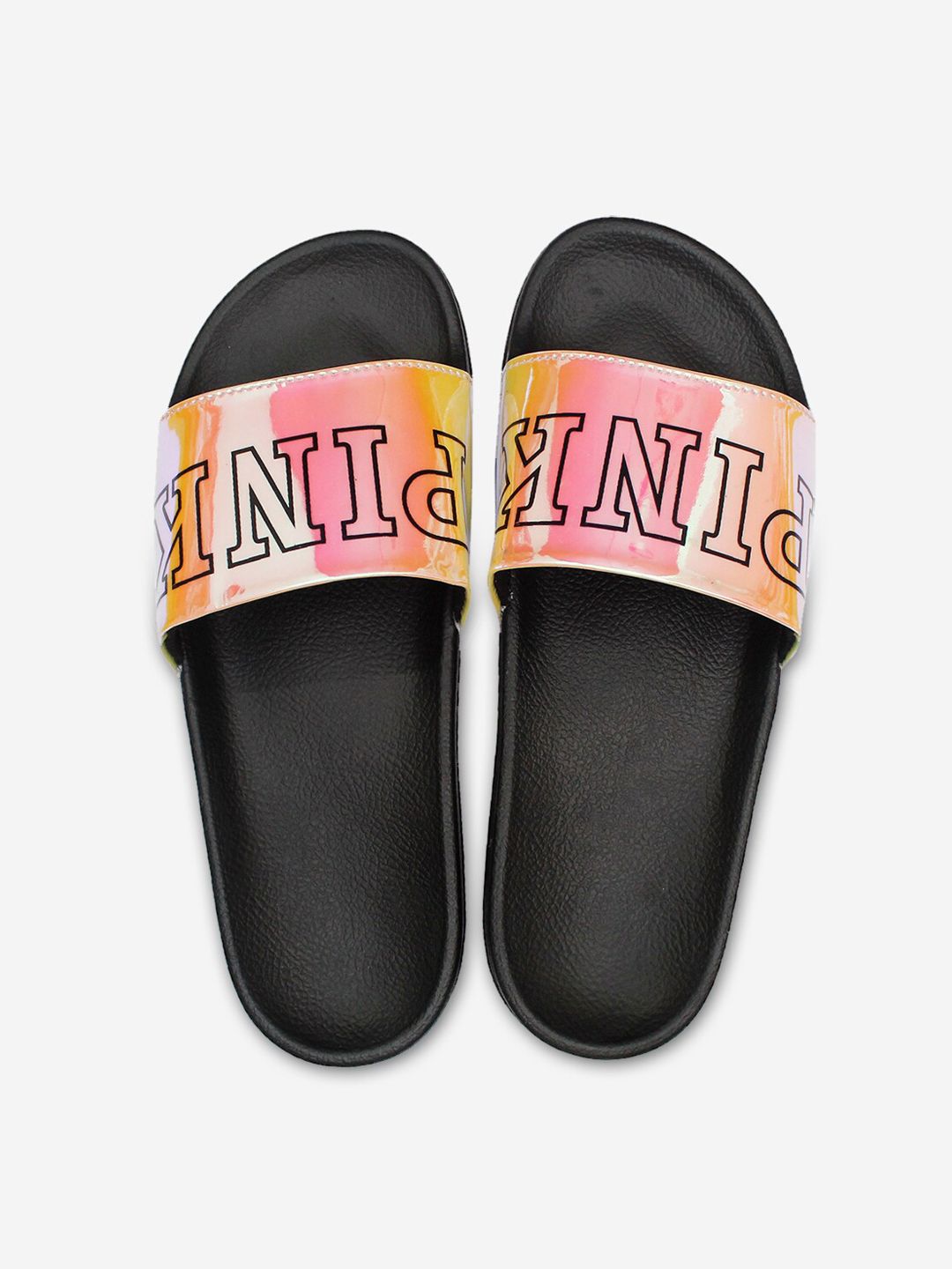 ADIVER Women Black & Pink Printed Sliders Price in India