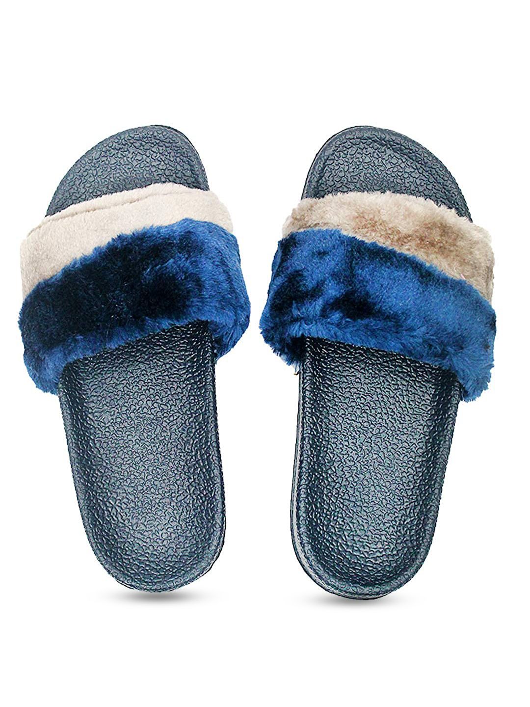 ADIVER Women Blue & Cream-Coloured Printed Sliders Price in India