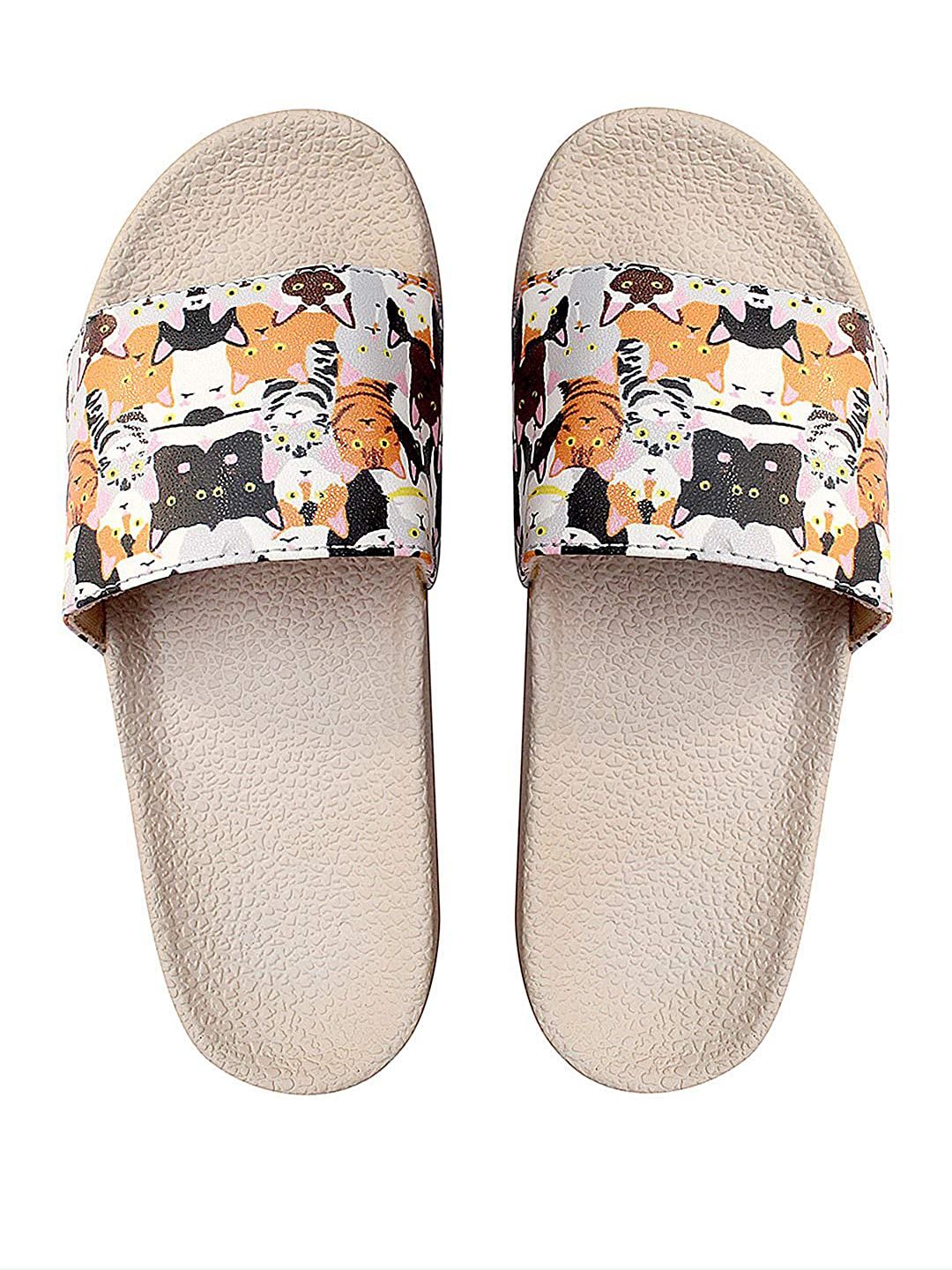 ADIVER Women Cream-Coloured & Orange Printed Sliders Price in India