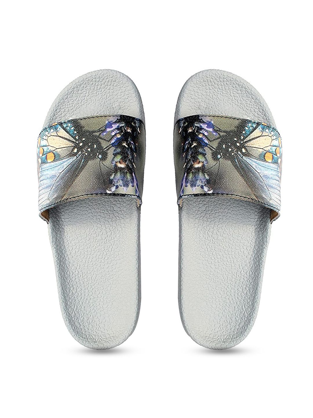 ADIVER Women Grey & Blue Printed Sliders Price in India